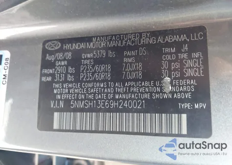 2009 Hyundai Santa Fe Se from USA, damaged, VIN 5NMSH13E69H240021